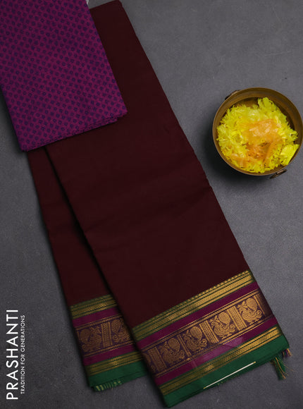 Chettinad cotton saree deep wine and purple with plain body and rettapet zari woven butta border