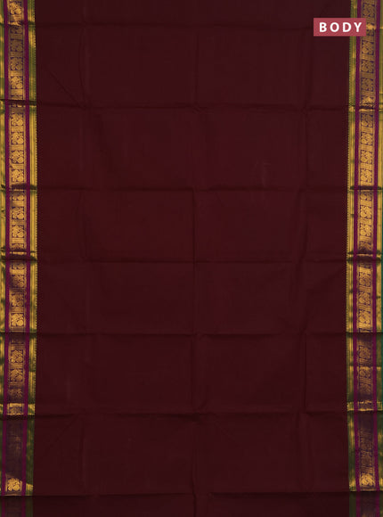 Chettinad cotton saree deep wine and purple with plain body and rettapet zari woven butta border
