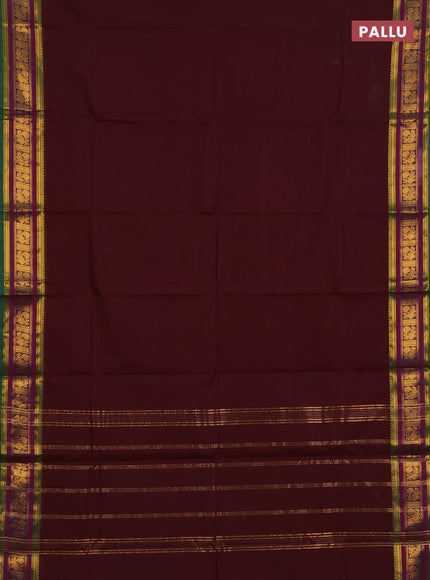 Chettinad cotton saree deep wine and purple with plain body and rettapet zari woven butta border