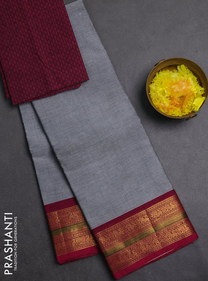 Chettinad cotton saree grey and pink with plain body and zari woven border