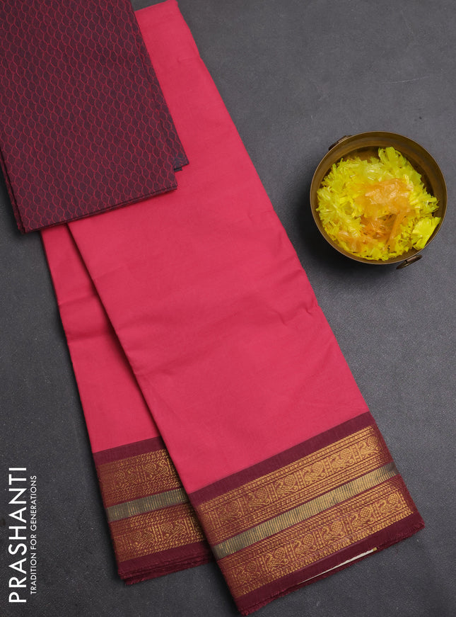 Chettinad cotton saree pink and magenta pink with plain body and zari woven border
