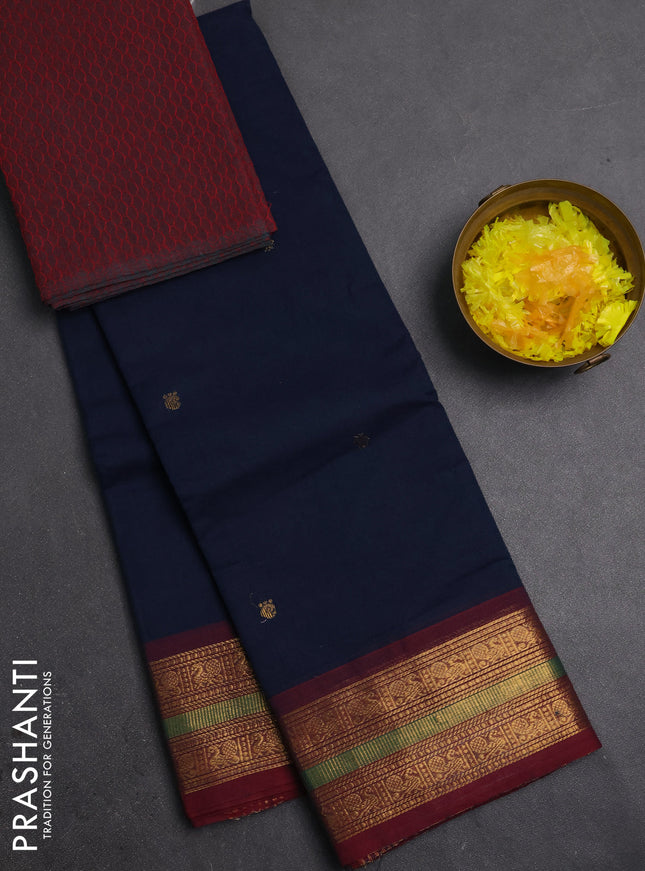 Chettinad cotton saree peacock blue and maroon with zari woven buttas and zari woven border