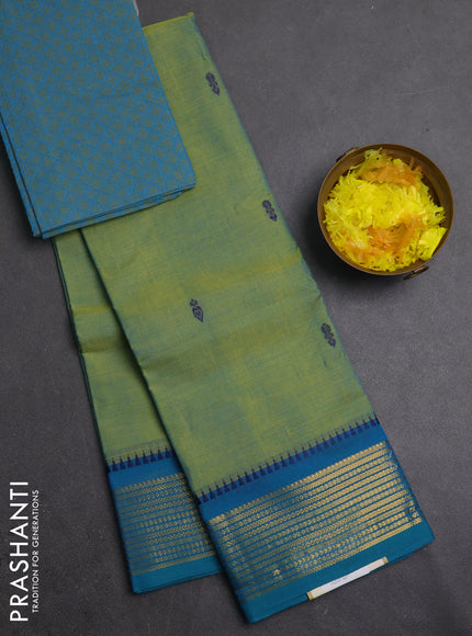 Chettinad cotton saree teal green and teal blue with thread woven buttas and zari woven border