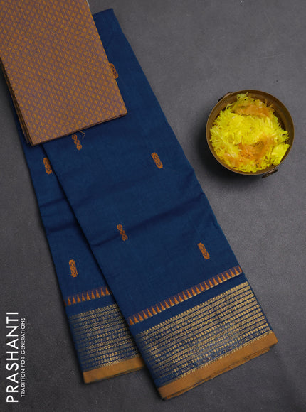 Chettinad cotton saree peacock blue and mustard yellow with thread woven buttas and zari woven border