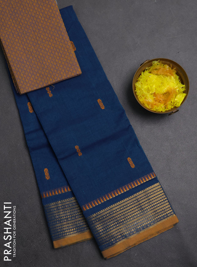 Chettinad cotton saree peacock blue and mustard yellow with thread woven buttas and zari woven border