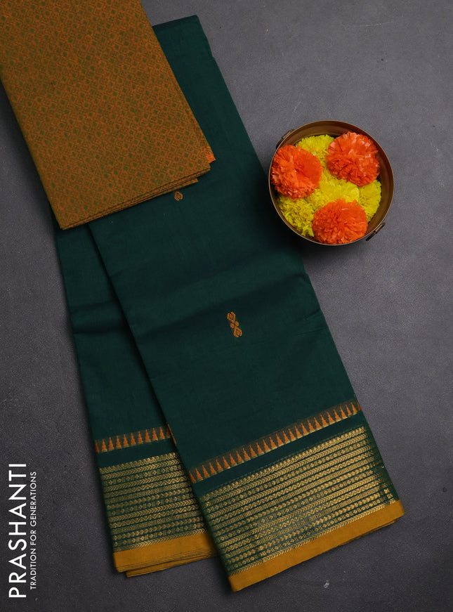 Chettinad cotton saree green and mustard yellow with thread woven buttas and zari woven border