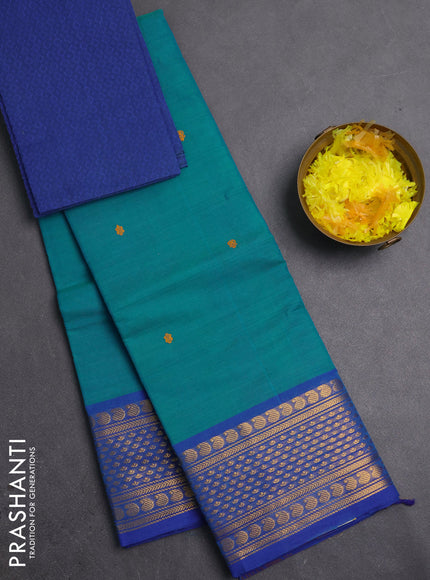 Chettinad cotton saree teal blue and blue shade with thread woven buttas and zari woven border