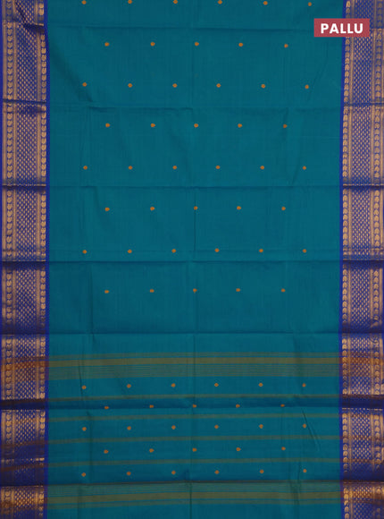 Chettinad cotton saree teal blue and blue shade with thread woven buttas and zari woven border