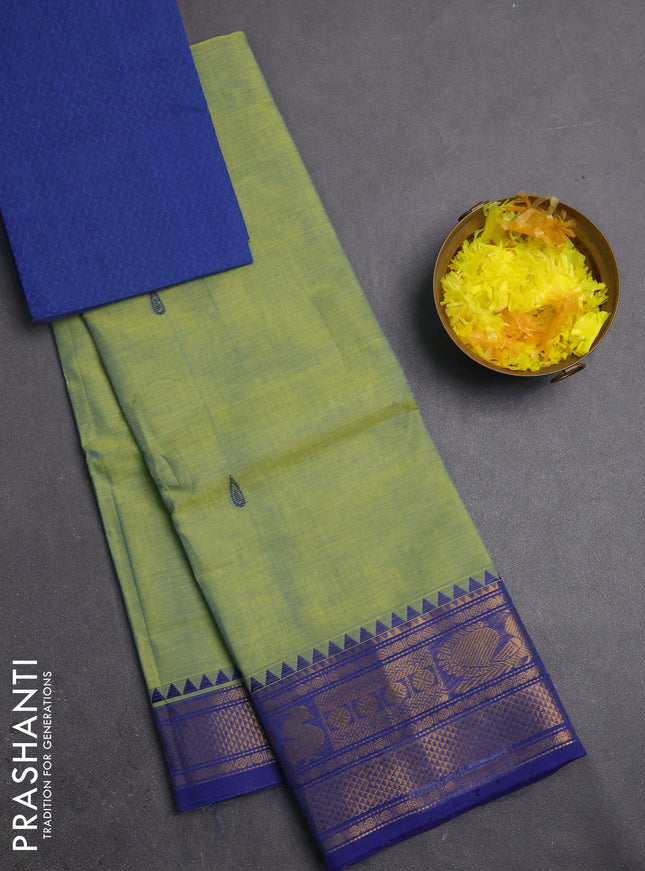 Chettinad cotton saree light green and blue with thread woven buttas and zari woven border