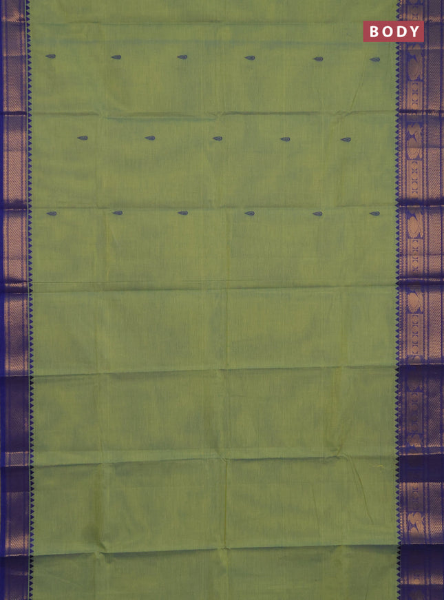 Chettinad cotton saree light green and blue with thread woven buttas and zari woven border