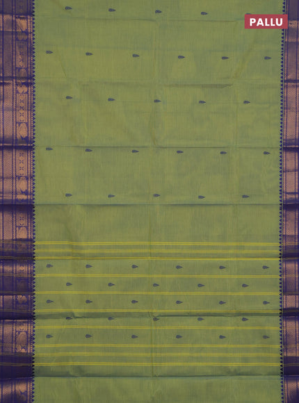 Chettinad cotton saree light green and blue with thread woven buttas and zari woven border