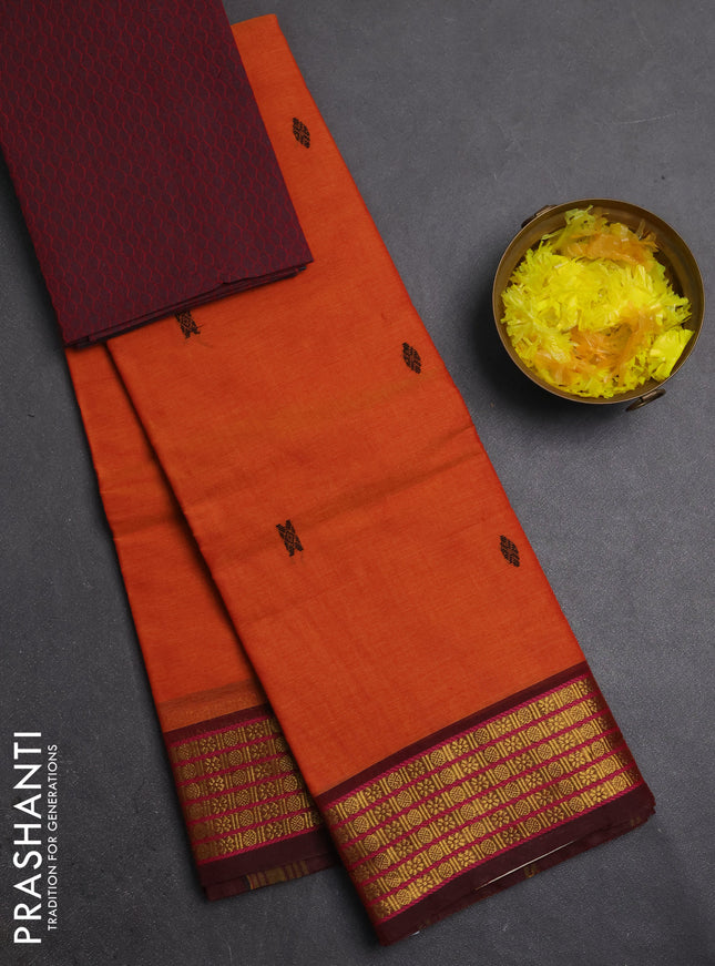 Chettinad cotton saree sunset orange and maroon shade with thread woven buttas and zari woven border