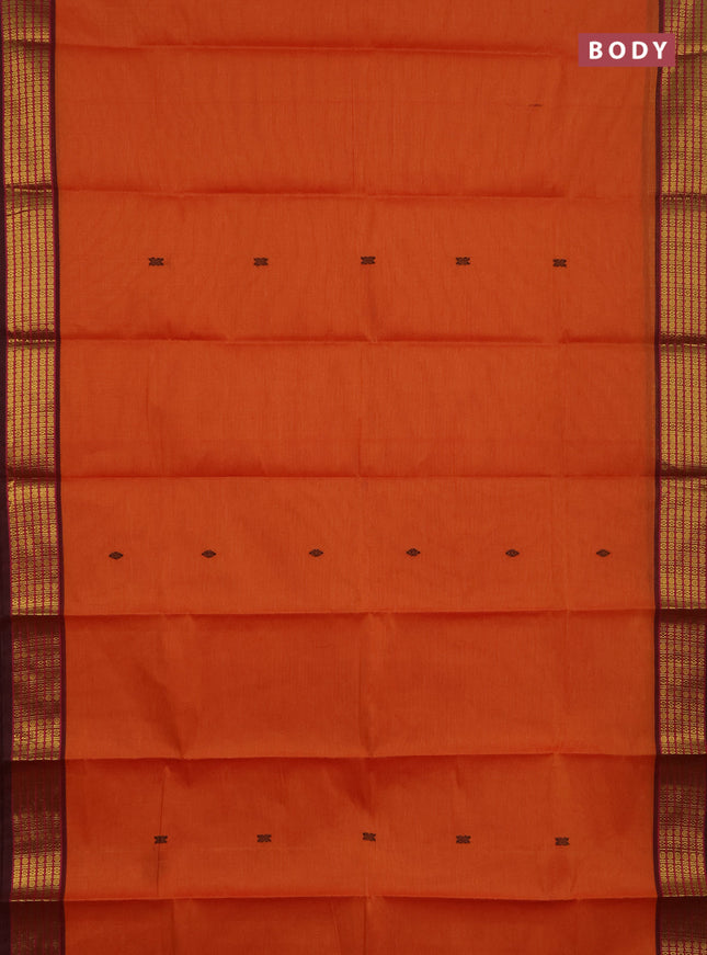 Chettinad cotton saree sunset orange and maroon shade with thread woven buttas and zari woven border