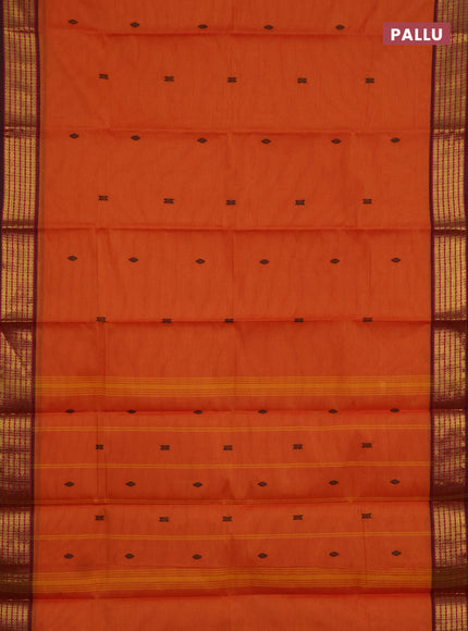 Chettinad cotton saree sunset orange and maroon shade with thread woven buttas and zari woven border