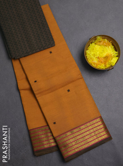 Chettinad cotton saree mustard shade and green shade with thread woven buttas and zari woven border