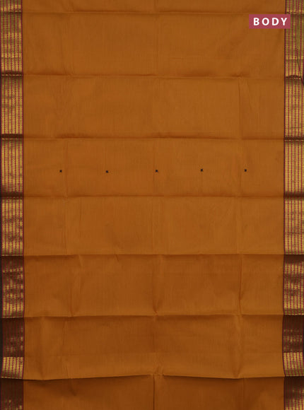 Chettinad cotton saree mustard shade and green shade with thread woven buttas and zari woven border