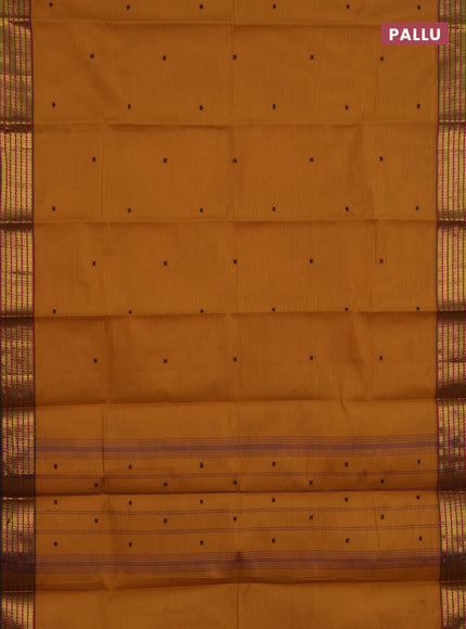 Chettinad cotton saree mustard shade and green shade with thread woven buttas and zari woven border