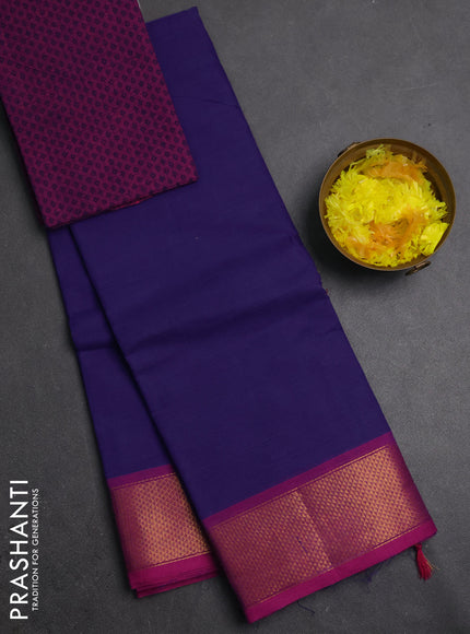 Chettinad cotton saree blue and pink with plain body and zari woven border