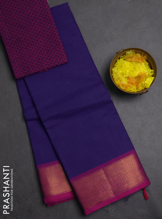 Chettinad cotton saree blue and pink with plain body and zari woven border