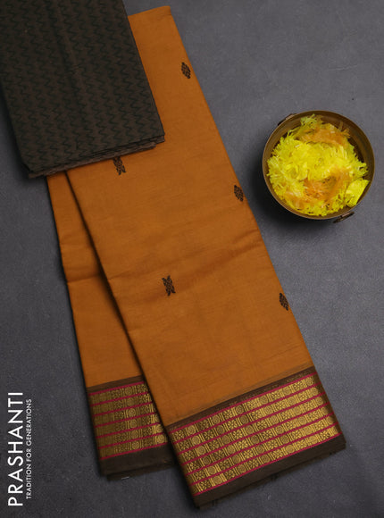 Chettinad cotton saree mustard shade and green shade with thread woven buttas and zari woven border