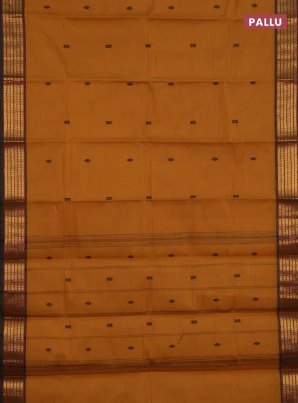 Chettinad cotton saree mustard shade and green shade with thread woven buttas and zari woven border
