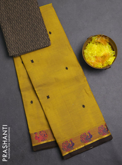 Chettinad cotton saree lime yellow and black with thread woven buttas and thread woven butta border