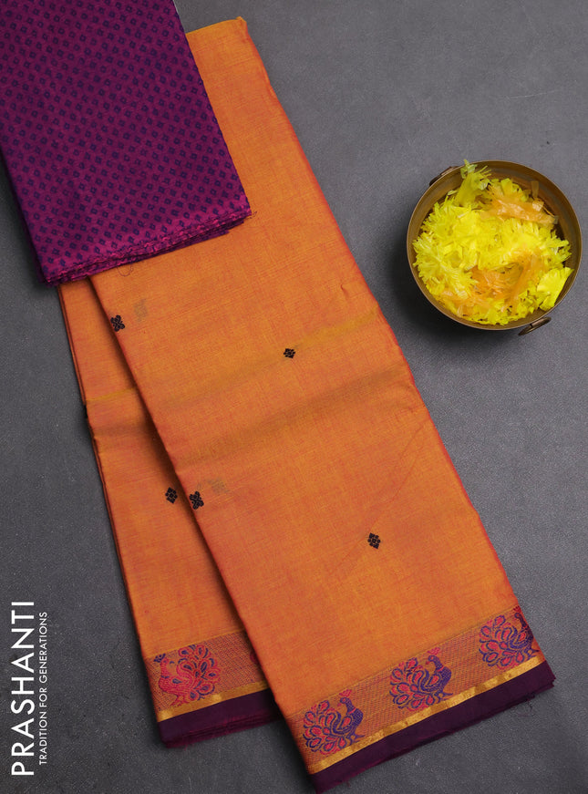 Chettinad cotton saree sunset orange and purple with thread woven buttas and thread woven butta border