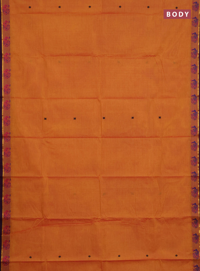 Chettinad cotton saree sunset orange and purple with thread woven buttas and thread woven butta border