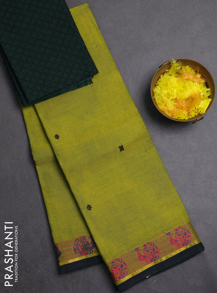 Chettinad cotton saree lime green and bottle green with thread woven buttas and thread woven butta border