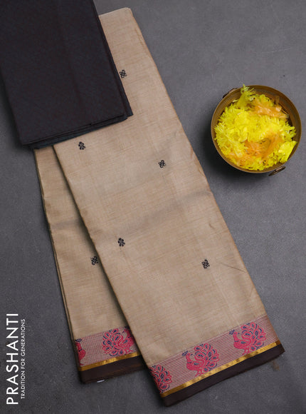 Chettinad cotton saree sandal and brown with thread woven buttas and thread woven butta border