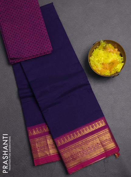 Chettinad cotton saree blue and pink with plain body and zari woven border