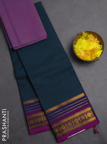 Chettinad cotton saree peacock green and purple with plain body and zari woven border