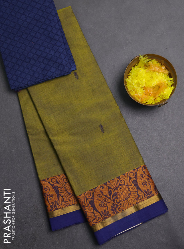 Chettinad cotton saree mehendi green and blue with thread woven buttas and thread woven border