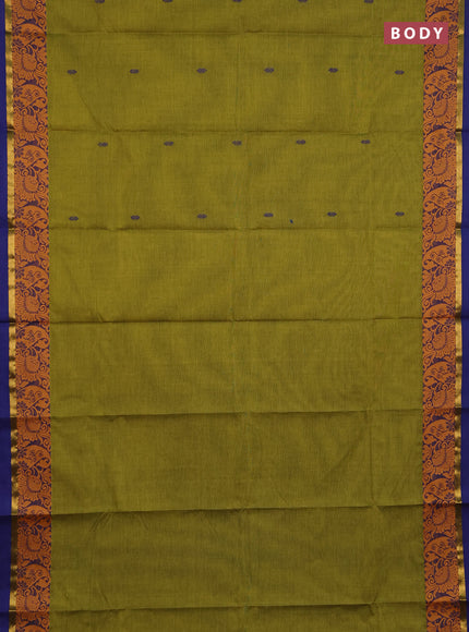 Chettinad cotton saree mehendi green and blue with thread woven buttas and thread woven border