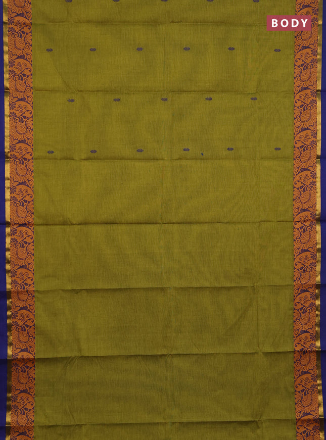 Chettinad cotton saree mehendi green and blue with thread woven buttas and thread woven border