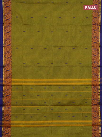 Chettinad cotton saree mehendi green and blue with thread woven buttas and thread woven border