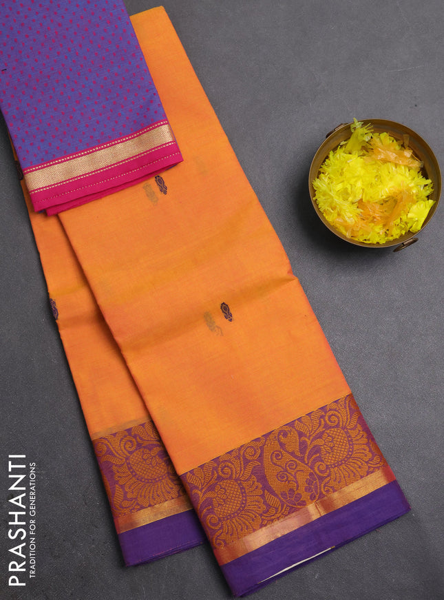 Chettinad cotton saree sunset orange and pink with thread woven buttas and thread woven border