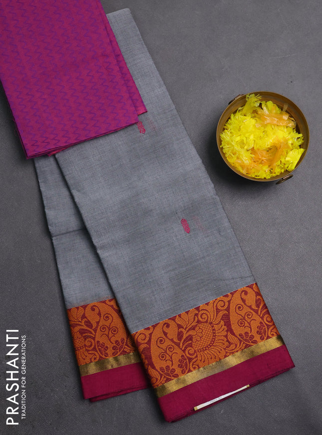 Chettinad cotton saree grey and violet with thread woven buttas and thread woven border