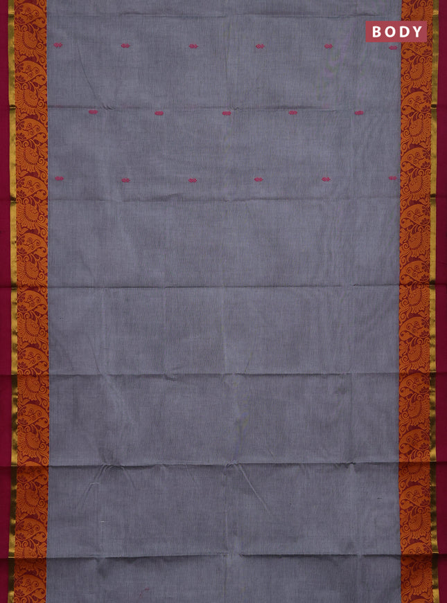 Chettinad cotton saree grey and violet with thread woven buttas and thread woven border