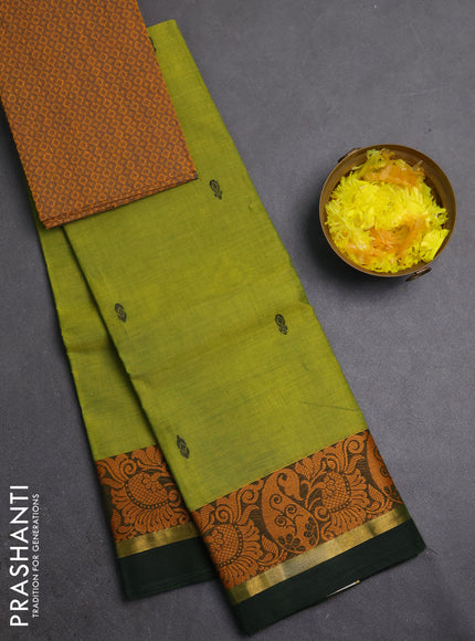 Chettinad cotton saree light green and mustard yellow with thread woven buttas and thread woven border