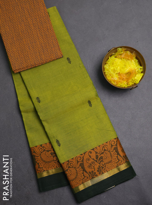 Chettinad cotton saree light green and mustard yellow with thread woven buttas and thread woven border