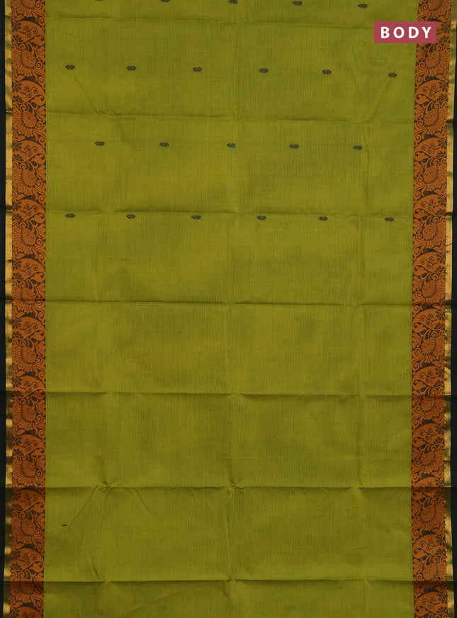 Chettinad cotton saree light green and mustard yellow with thread woven buttas and thread woven border