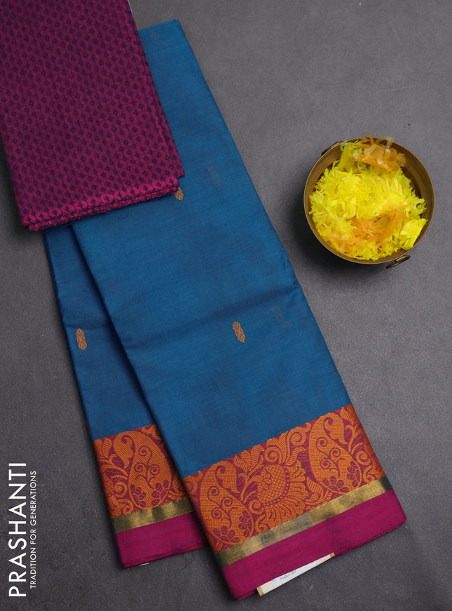 Chettinad cotton saree cs blue and pink with thread woven buttas and thread woven border