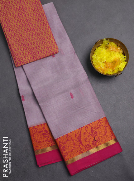 Chettinad cotton saree pastel lavender and pink with thread woven buttas and thread woven border