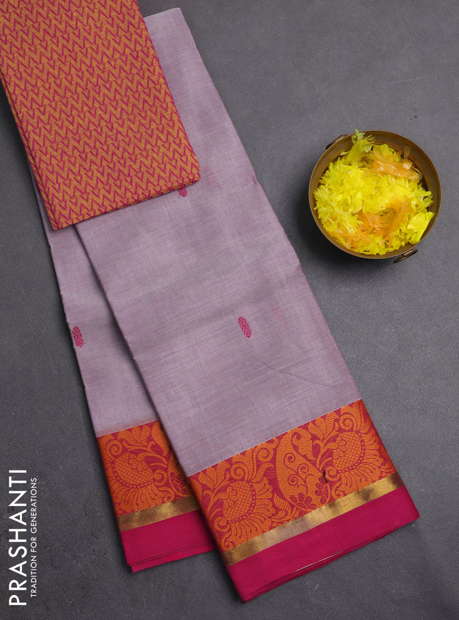 Chettinad cotton saree pastel lavender and pink with thread woven buttas and thread woven border