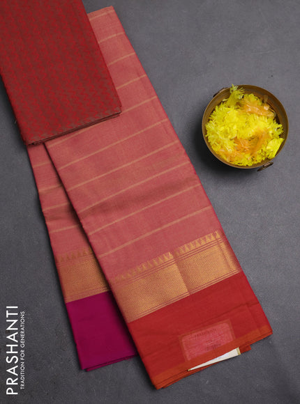 Chettinad cotton saree pink shade and maroon with allover stripes pattern and ganga jamuna border