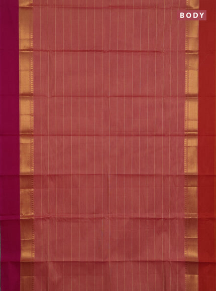 Chettinad cotton saree pink shade and maroon with allover stripes pattern and ganga jamuna border