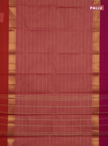 Chettinad cotton saree pink shade and maroon with allover stripes pattern and ganga jamuna border