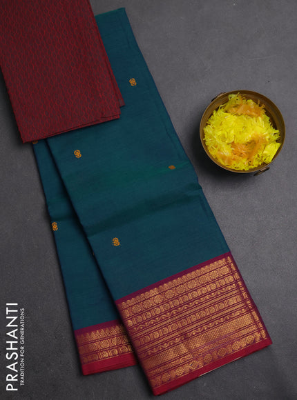 Chettinad cotton saree teal blue and maroon with thread woven buttas and long zari woven border