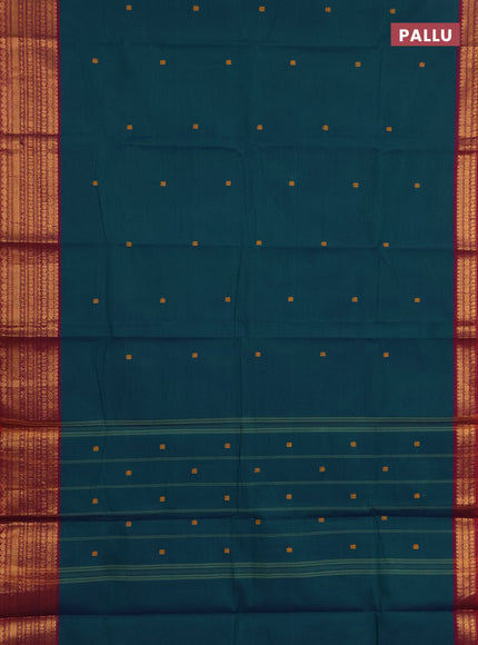 Chettinad cotton saree teal blue and maroon with thread woven buttas and long zari woven border